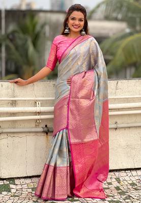 Grey kanjivaram soft tissue silk leheriya traditional zari woven saree 4