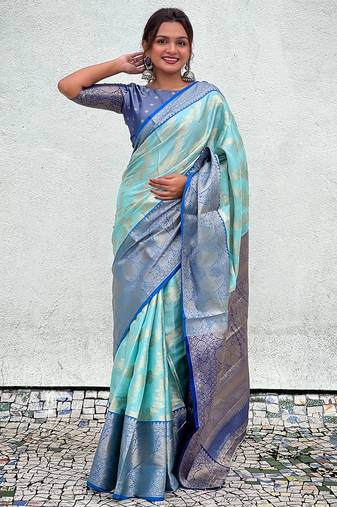 Blue kanjivaram soft tissue silk leheriya traditional zari woven saree