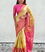Yellow kanjivaram soft tissue silk leheriya traditional zari woven saree