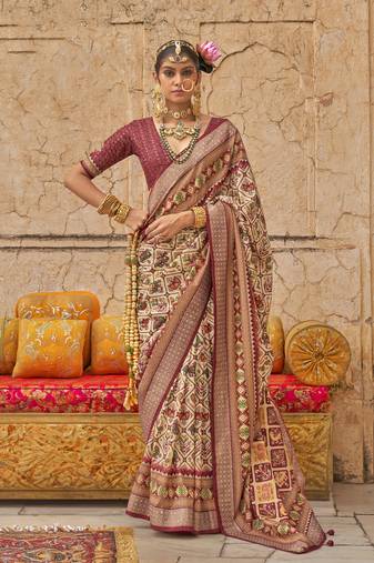 Elora soft silk patola printed saree (cream)