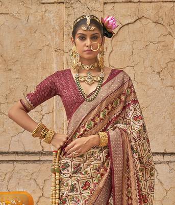 Elora soft silk patola printed saree (cream) 3
