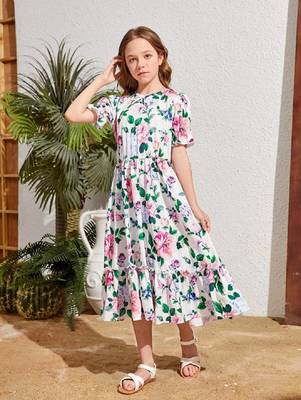 Smoke white color printed cotton blend fit&flared style dresses 1