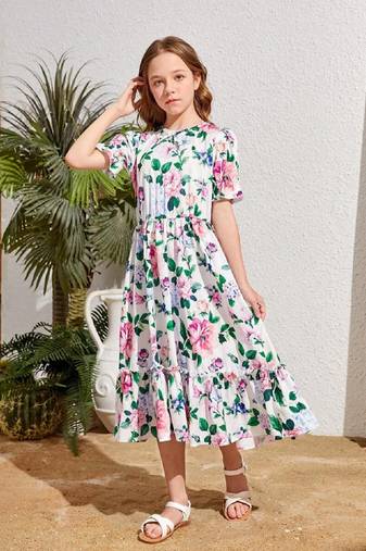 Smoke white color printed cotton blend fit&flared style dresses