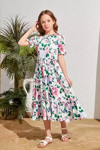 Smoke white color printed cotton blend fit&flared style dresses