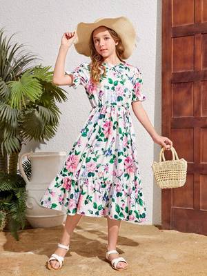 Smoke white color printed cotton blend fit&flared style dresses 3