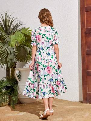 Smoke white color printed cotton blend fit&flared style dresses 4
