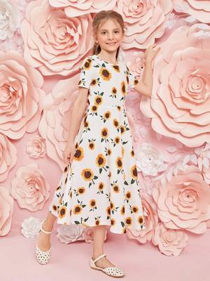 White color printed cotton blend fit&flared style dresses 1