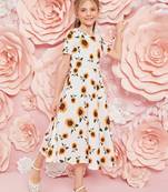 White color printed cotton blend fit&flared style dresses