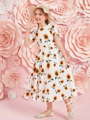 White color printed cotton blend fit&flared style dresses 2