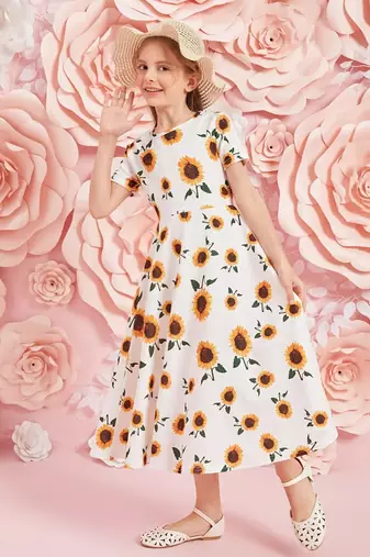 White color printed cotton blend fit&flared style dresses