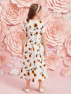 White color printed cotton blend fit&flared style dresses 3