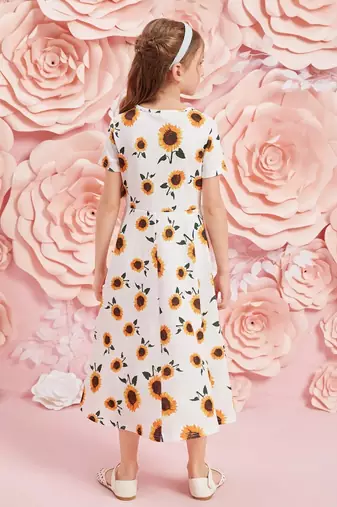 White color printed cotton blend fit&flared style dresses