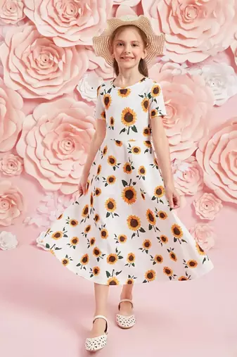 White color printed cotton blend fit&flared style dresses