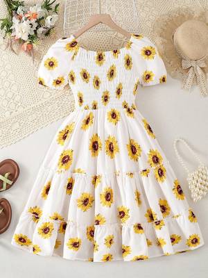 Yellow-white color printed cotton blend fit&flared style dresses 1