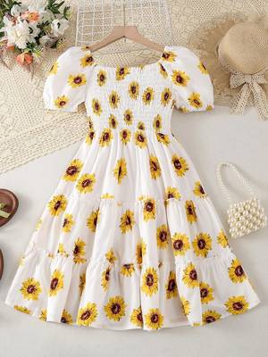 Yellow-white color printed cotton blend fit&flared style dresses 2