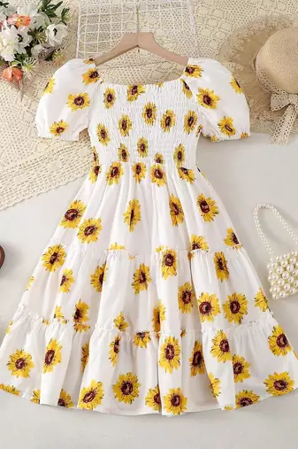 Yellow-white color printed cotton blend fit&flared style dresses