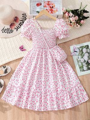 Blush pink color printed cotton blend fit&flared style dresses 1