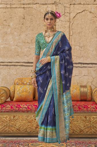 Elora soft silk patola printed saree (navy blue)