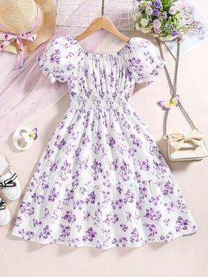 Purple color printed cotton blend fit&flared style dresses 1
