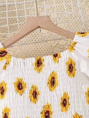 Yellow-white color printed cotton blend fit&flared style dresses 3