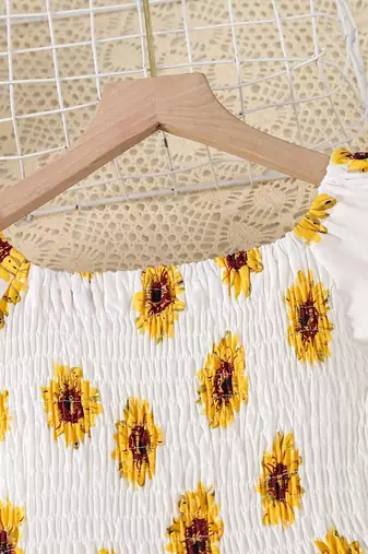Yellow-white color printed cotton blend fit&flared style dresses
