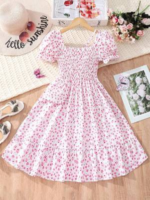Blush pink color printed cotton blend fit&flared style dresses 2