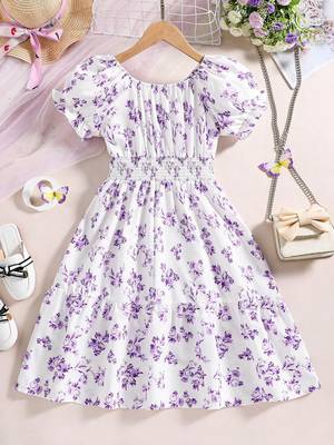 Purple color printed cotton blend fit&flared style dresses 2