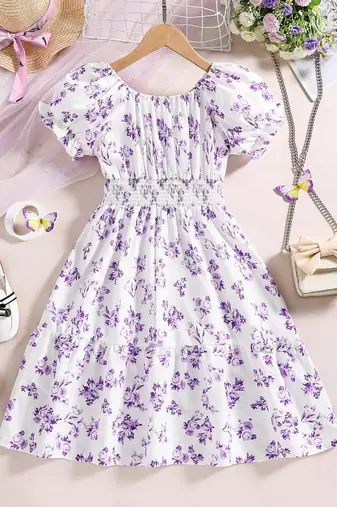 Purple color printed cotton blend fit&flared style dresses