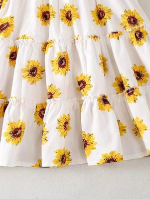Yellow-white color printed cotton blend fit&flared style dresses 4