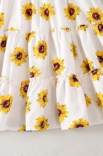 Yellow-white color printed cotton blend fit&flared style dresses