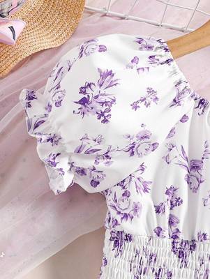 Purple color printed cotton blend fit&flared style dresses 3