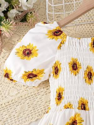 Yellow-white color printed cotton blend fit&flared style dresses 5