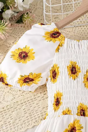 Yellow-white color printed cotton blend fit&flared style dresses