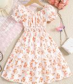 Orange color printed cotton blend fit&flared style dresses