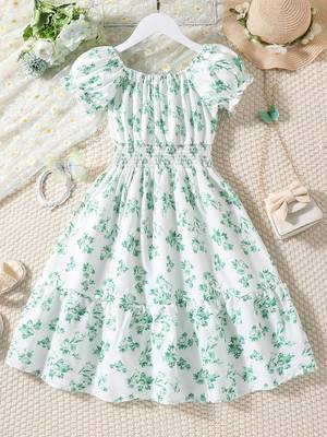 Mint green color printed cotton blend fit&flared style dresses 1