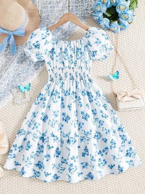 Blue color printed cotton blend fit&flared style dresses 1