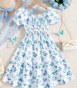 Blue color printed cotton blend fit&flared style dresses