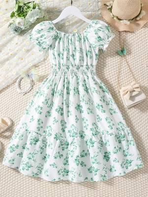 Mint green color printed cotton blend fit&flared style dresses 2