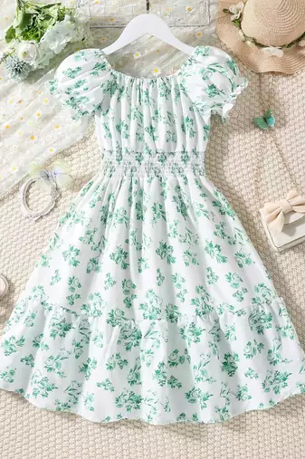 Mint green color printed cotton blend fit&flared style dresses