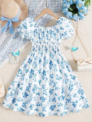Blue color printed cotton blend fit&flared style dresses 2