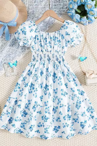 Blue color printed cotton blend fit&flared style dresses