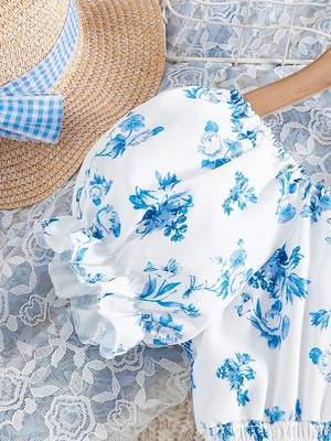 Blue color printed cotton blend fit&flared style dresses 3