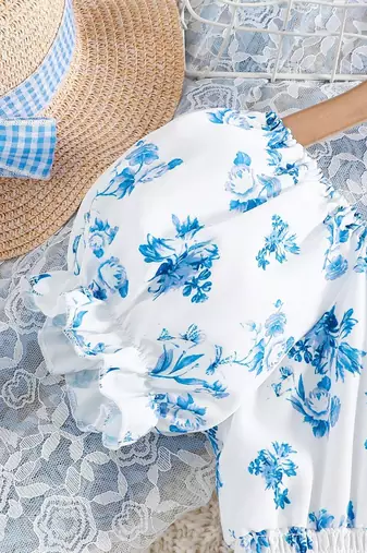 Blue color printed cotton blend fit&flared style dresses