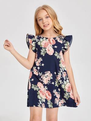 Denim blue color printed cotton blend fit&flared style dresses 1