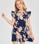 Denim blue color printed cotton blend fit&flared style dresses