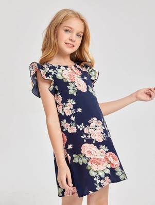 Denim blue color printed cotton blend fit&flared style dresses 2