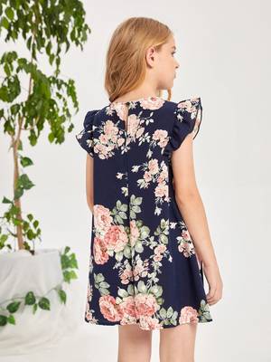 Denim blue color printed cotton blend fit&flared style dresses 3