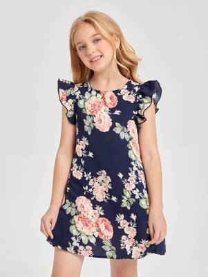 Denim blue color printed cotton blend fit&flared style dresses 4