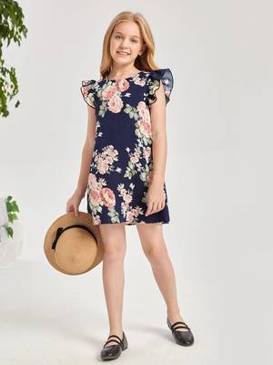Denim blue color printed cotton blend fit&flared style dresses 5