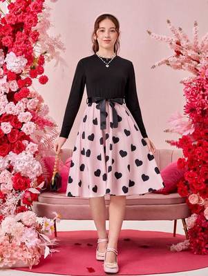 Baby pink color printed cotton blend fit&flared style dresses 1